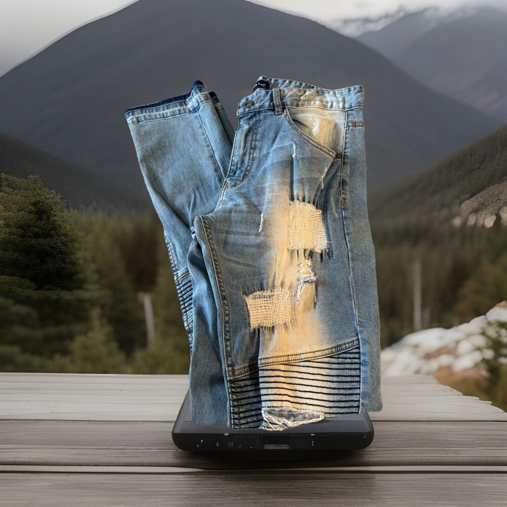 Kayden K Men’s 32 Skinny Jeans Light Wash Distressed Moto Ripped Biker Stretch‎